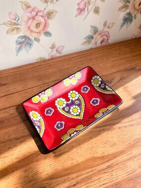 Creative Co-Op Red Heart Floral Ceramic Trinket Dish Tray Folk Art Retro